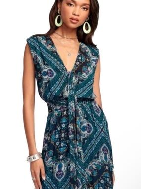 Ramy Brook Teal and Navy Paisley Midi Dress